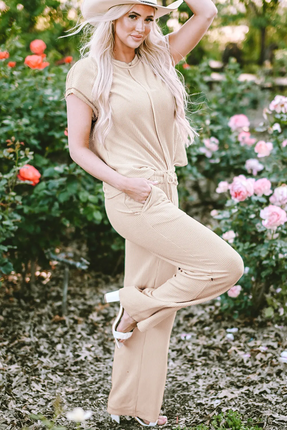 Seam Ribbed Tee Pants Two-piece Outfit