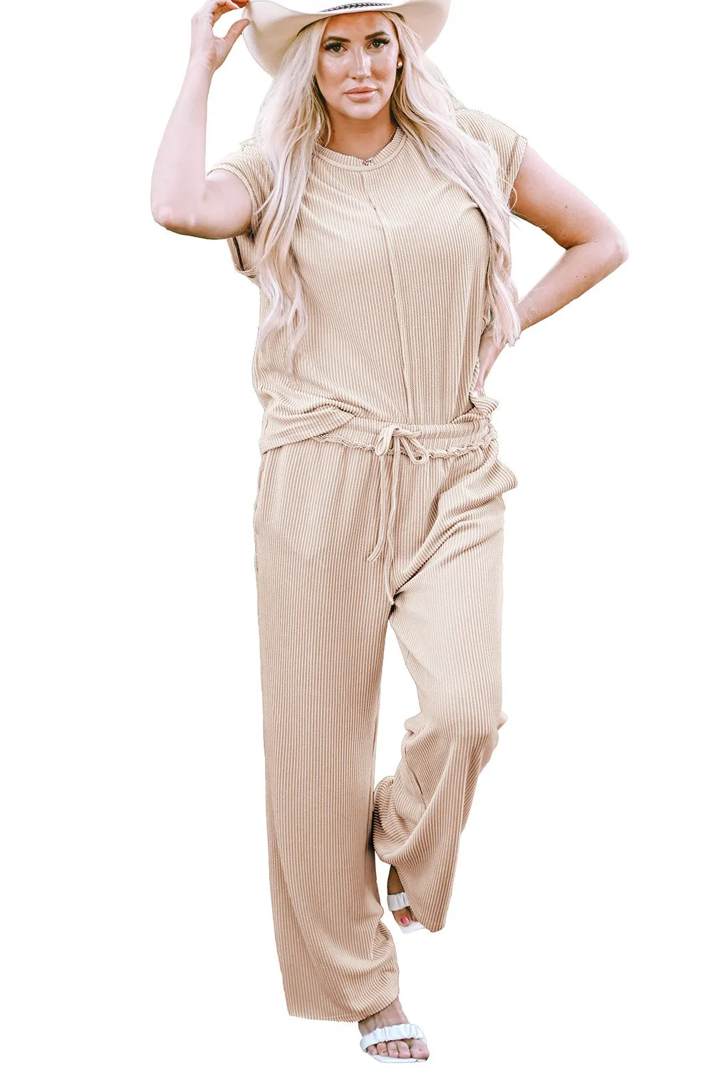 Seam Ribbed Tee Pants Two-piece Outfit