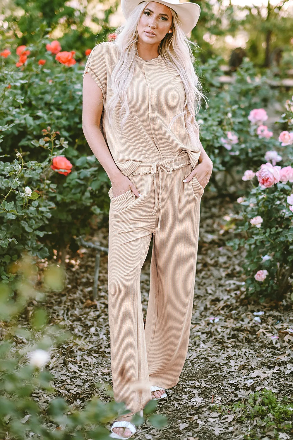 Seam Ribbed Tee Pants Two-piece Outfit