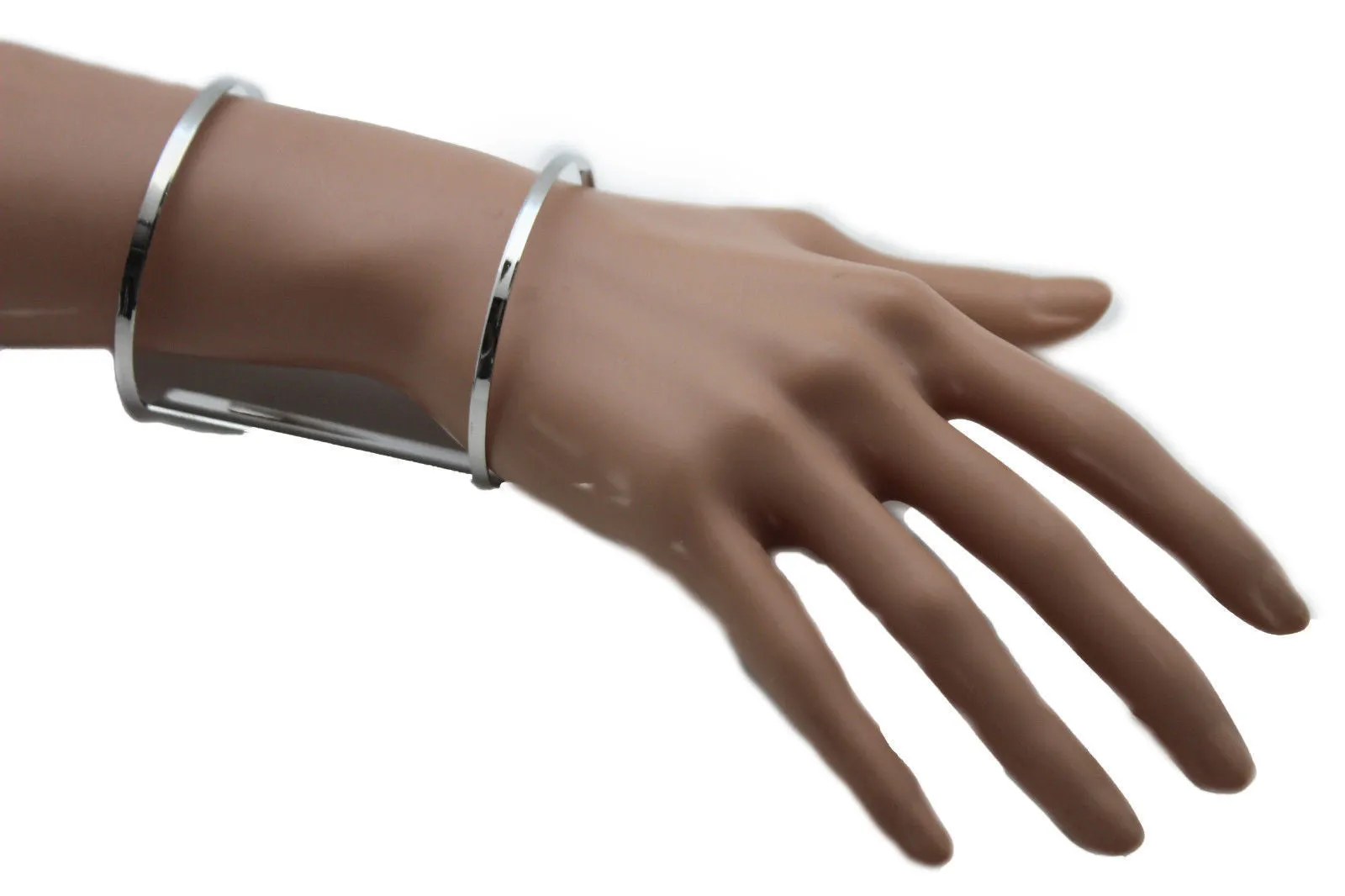 Silver Metal Cuff Bracelet Light Retro Cut Outs Adjustable