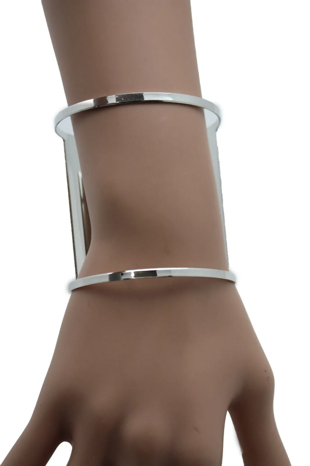 Silver Metal Cuff Bracelet Light Retro Cut Outs Adjustable