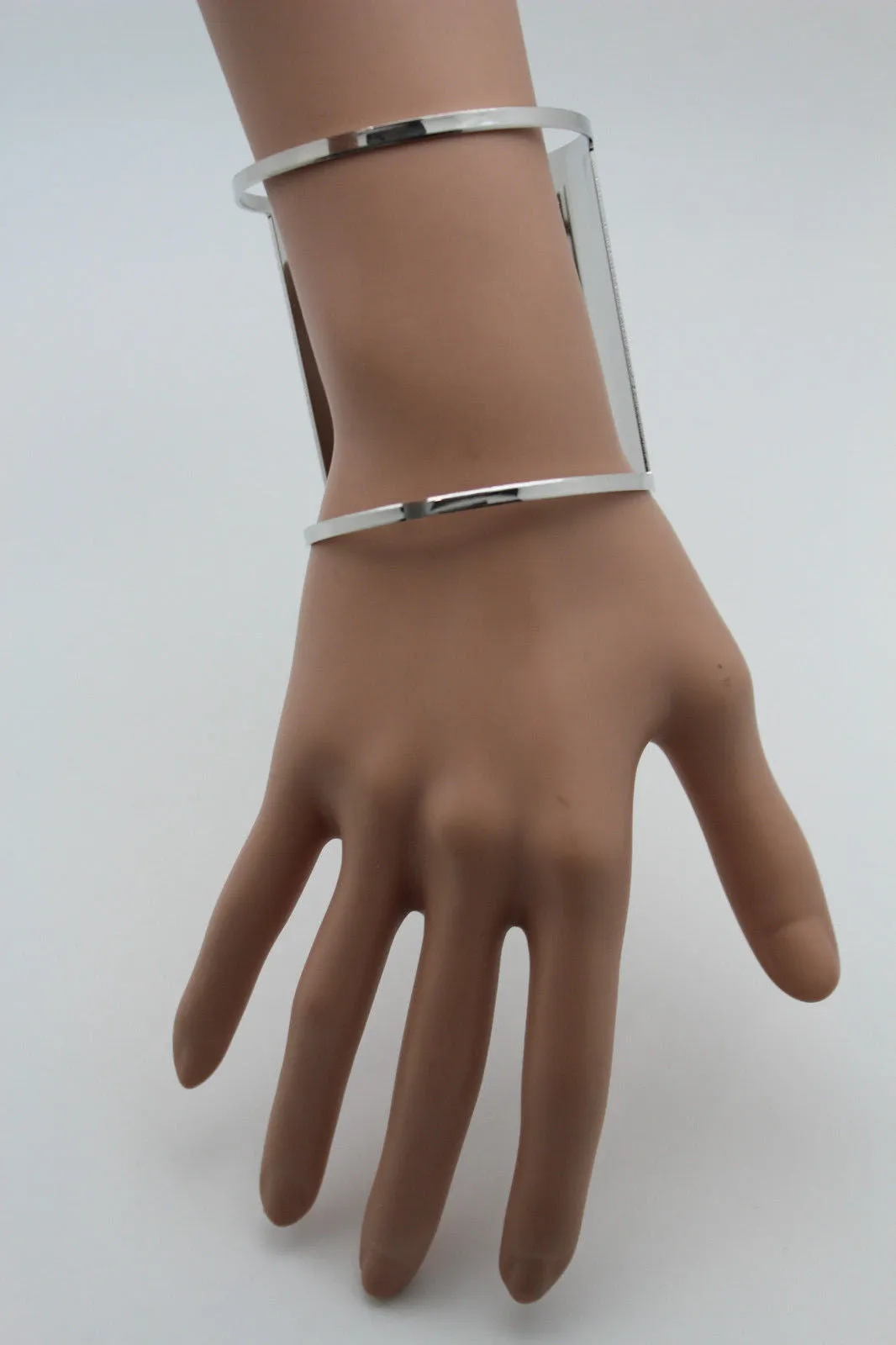 Silver Metal Cuff Bracelet Light Retro Cut Outs Adjustable