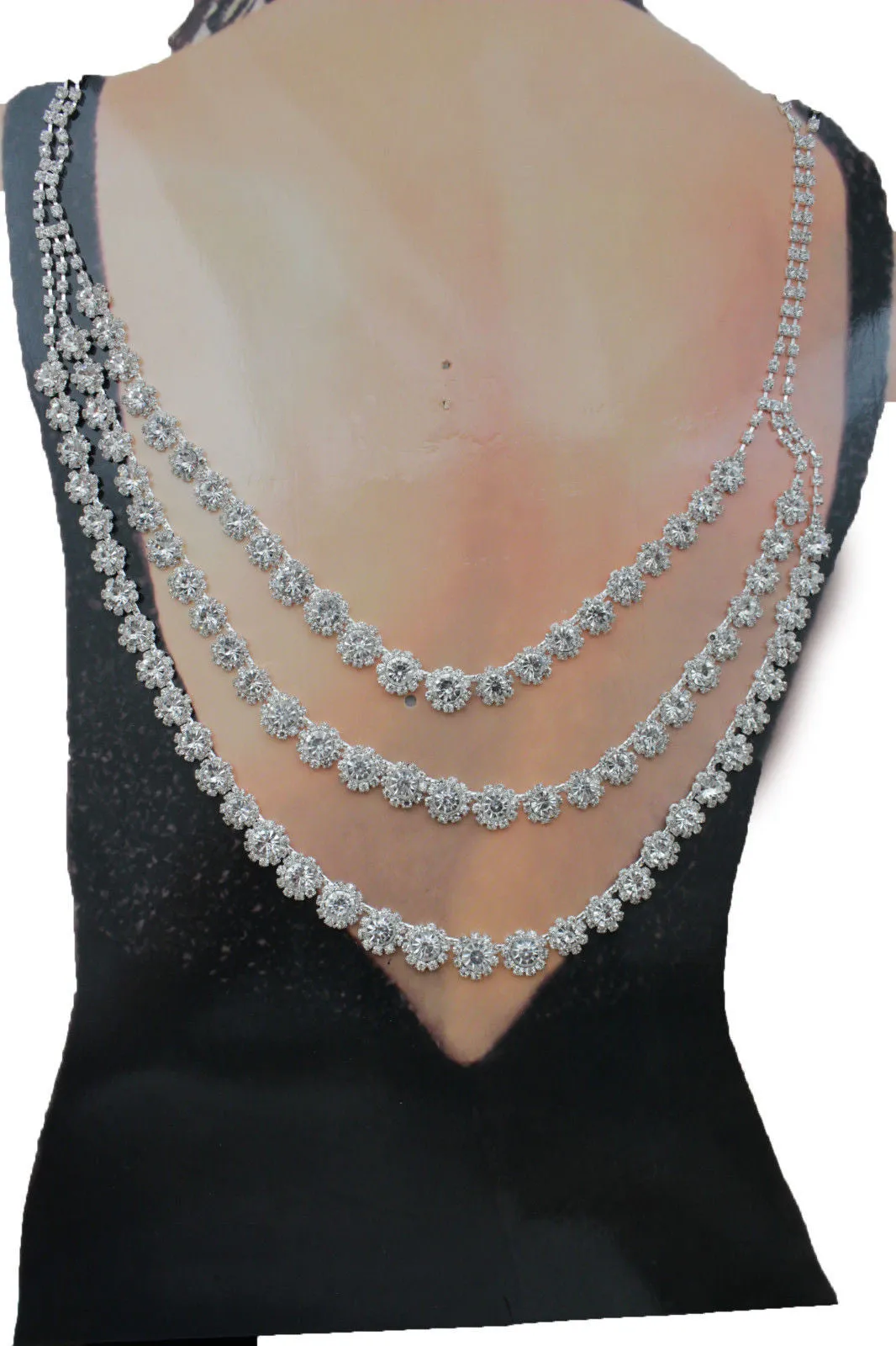 Silver Metal Flower Charms Long Open Back Wedding Jewelry Necklace