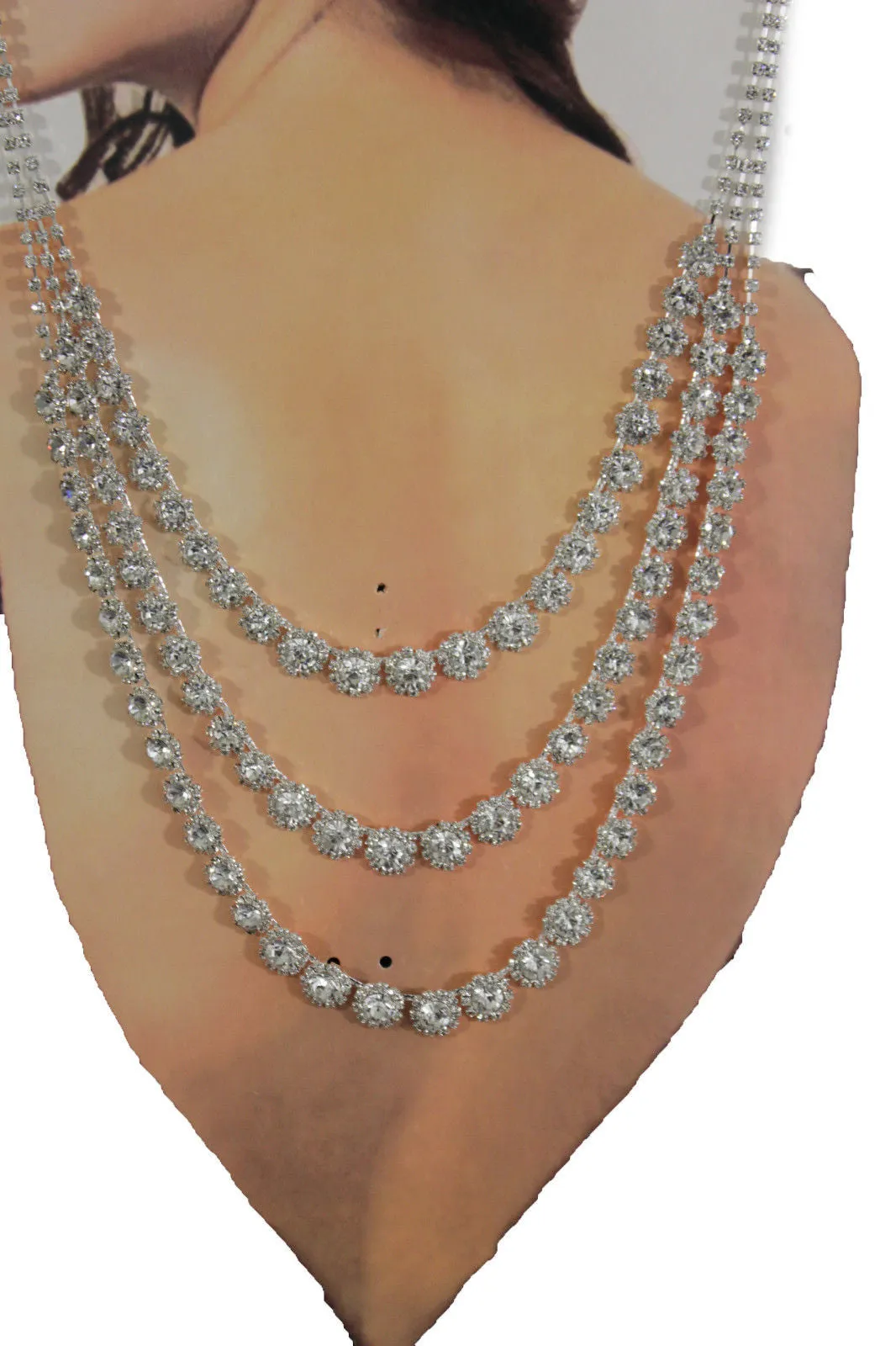 Silver Metal Flower Charms Long Open Back Wedding Jewelry Necklace