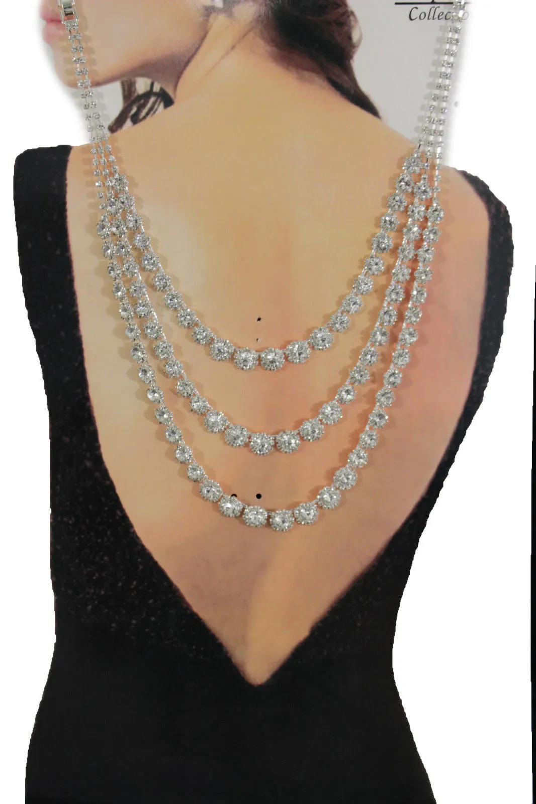 Silver Metal Flower Charms Long Open Back Wedding Jewelry Necklace