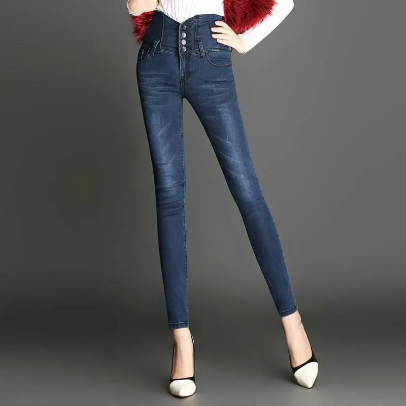 Slim Breasted High Waist Women's Jeans Stretch Accept Waist Plus Size Skinny Pants