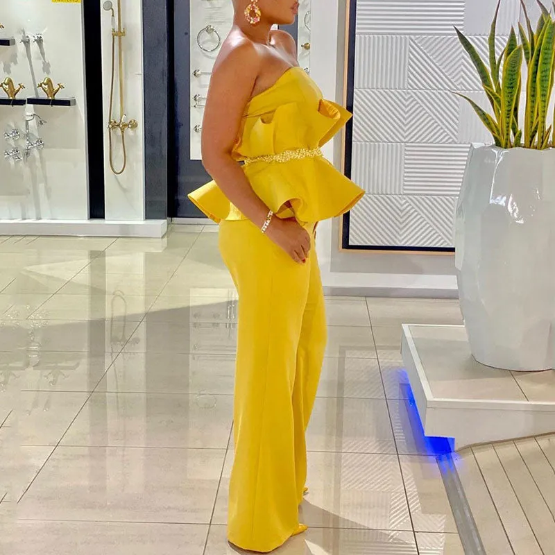 Solid Bandeau Ruffle Design Top & Wide Leg Pants Set