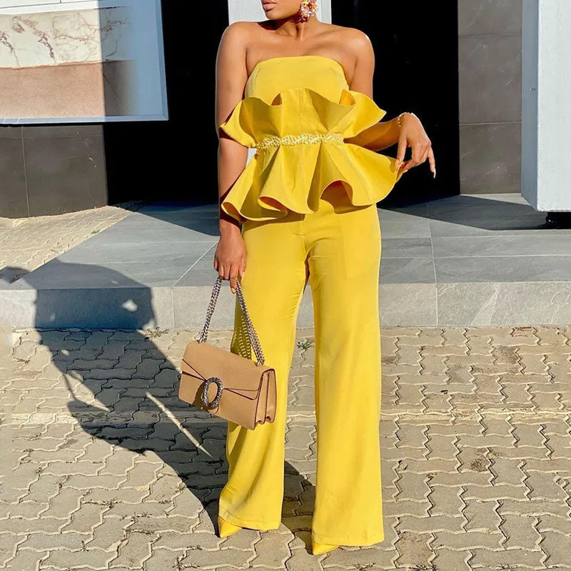 Solid Bandeau Ruffle Design Top & Wide Leg Pants Set