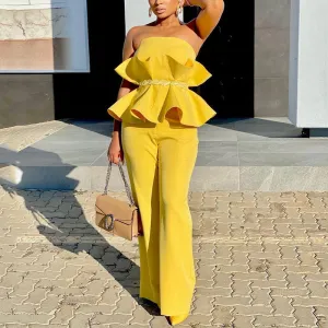 Solid Bandeau Ruffle Design Top & Wide Leg Pants Set