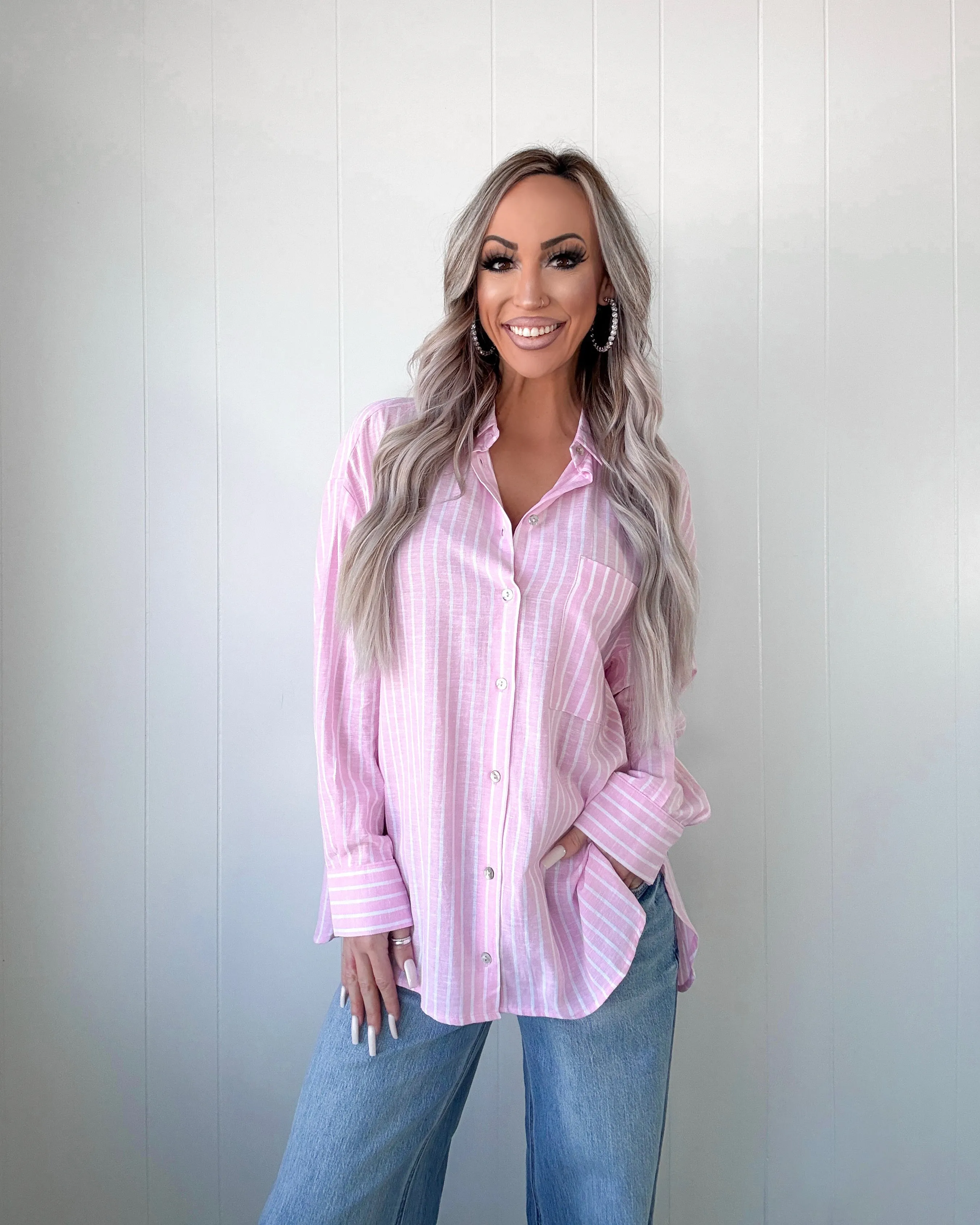Sunlit Strolls Striped Collared Top - Light Pink
