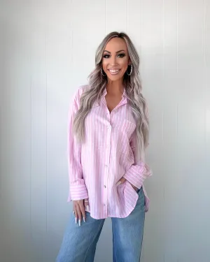 Sunlit Strolls Striped Collared Top - Light Pink