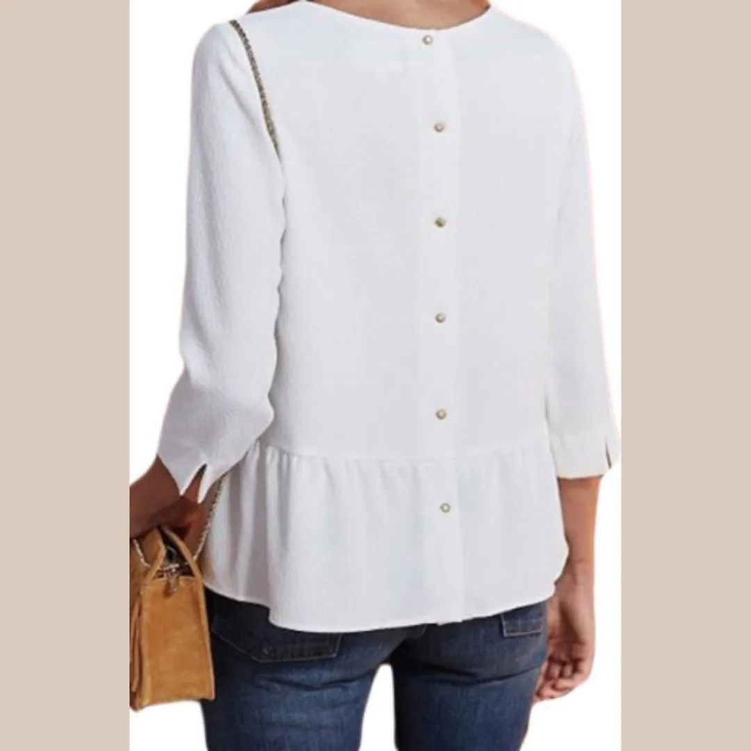 Three quarter sleeve v-neck button back blouse