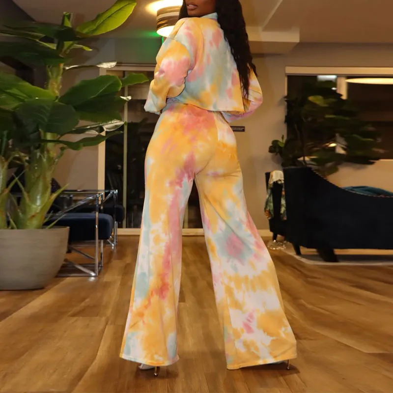 Tie Dye Print Long Sleeve Crop Top & Wide Leg Pants Set