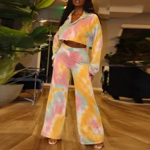 Tie Dye Print Long Sleeve Crop Top & Wide Leg Pants Set