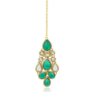 Traditional Gold Plated Green Stone Kundan Maangtikka For Women