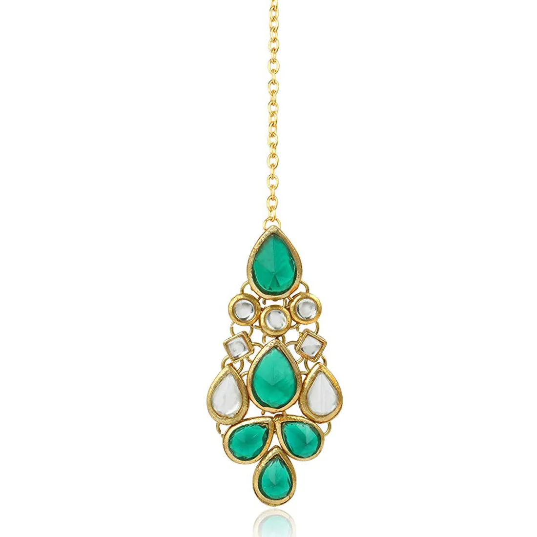 Traditional Gold Plated Green Stone Kundan Maangtikka For Women