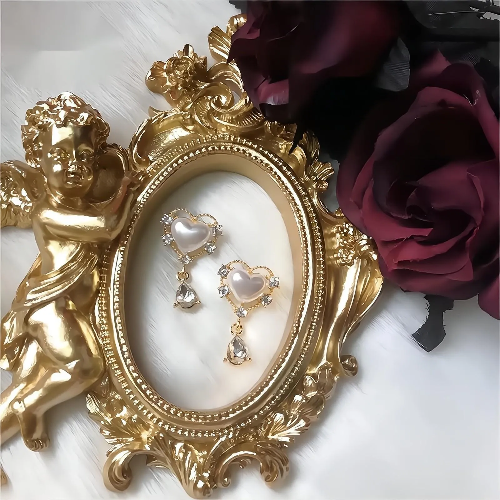 Trendy Dangling Rhinestone CZ Inlaid Pearl Heart Earrings