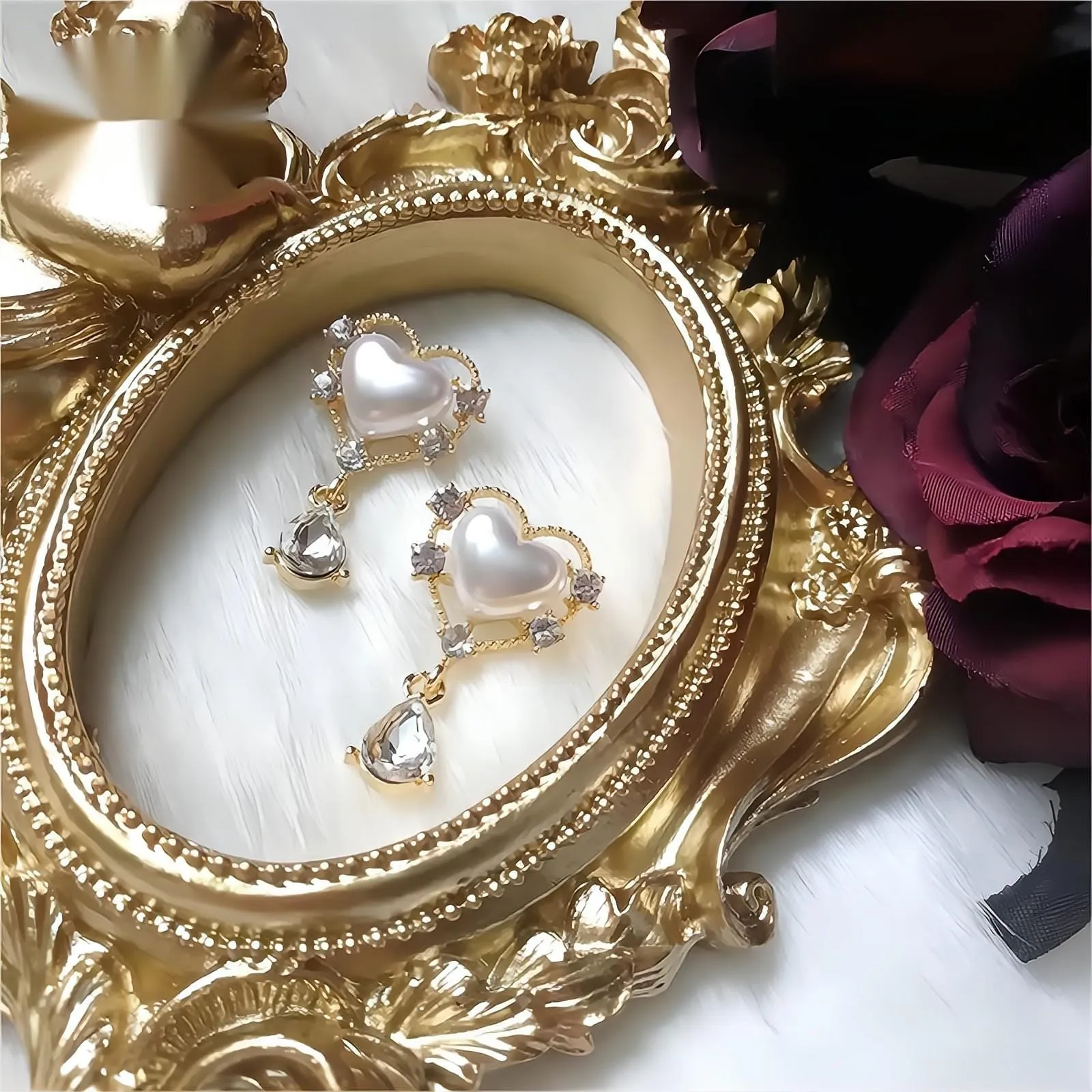 Trendy Dangling Rhinestone CZ Inlaid Pearl Heart Earrings