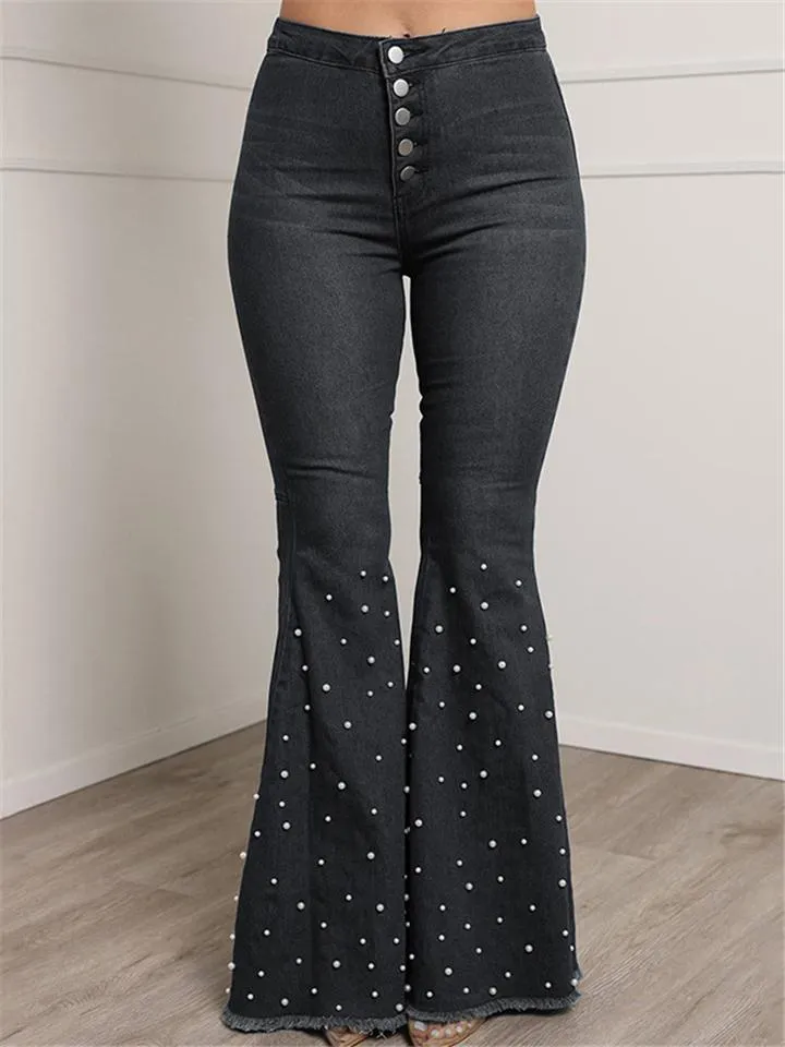 Trendy Washed Effect Beaded Stretchy Frayed Hem Flare Jeans