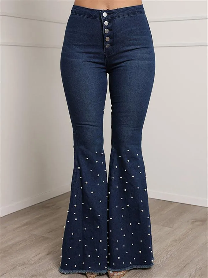 Trendy Washed Effect Beaded Stretchy Frayed Hem Flare Jeans
