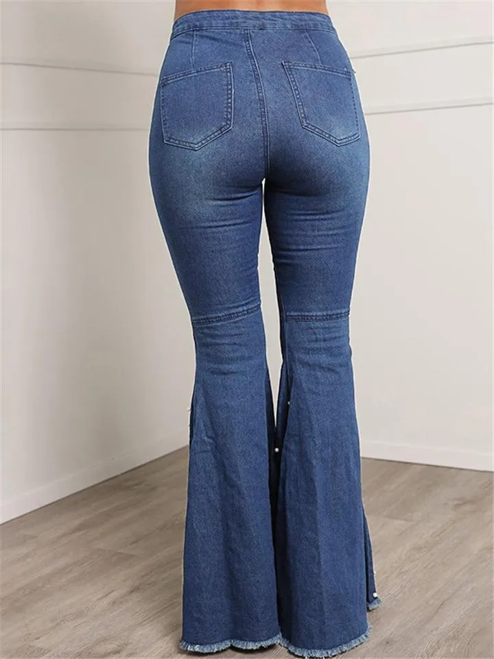 Trendy Washed Effect Beaded Stretchy Frayed Hem Flare Jeans