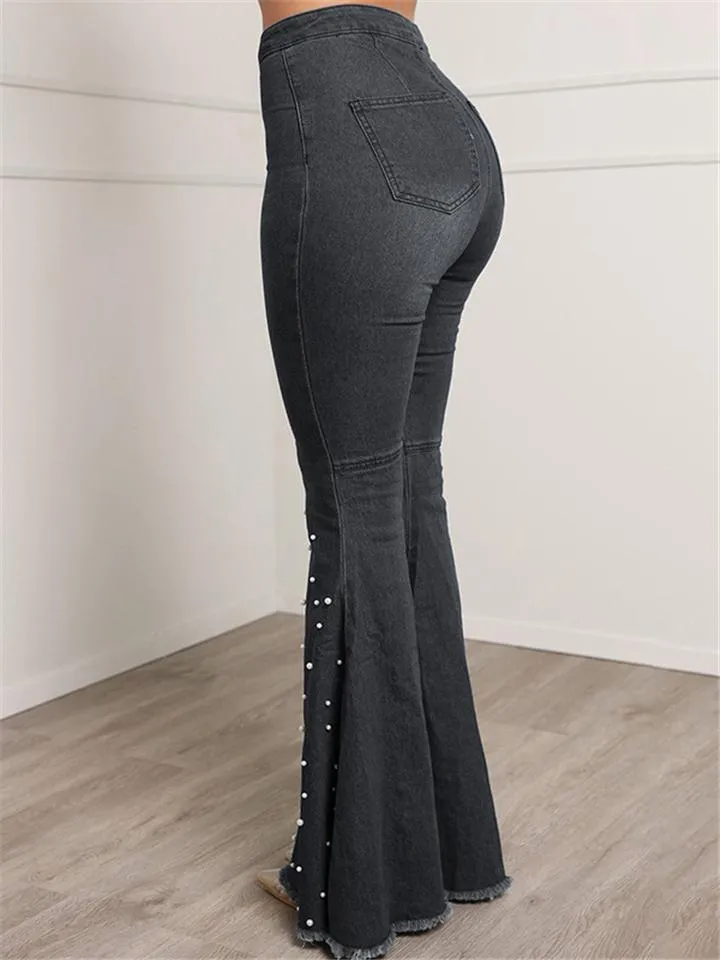 Trendy Washed Effect Beaded Stretchy Frayed Hem Flare Jeans