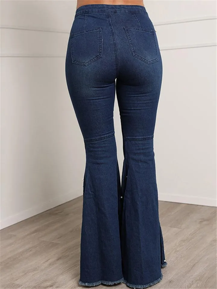 Trendy Washed Effect Beaded Stretchy Frayed Hem Flare Jeans