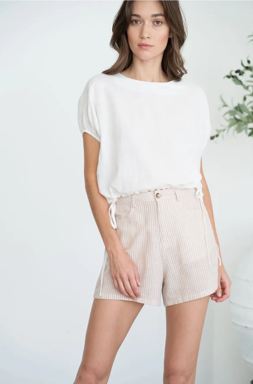White Elasticized Cap Sleeve Crew Neck Linen Top