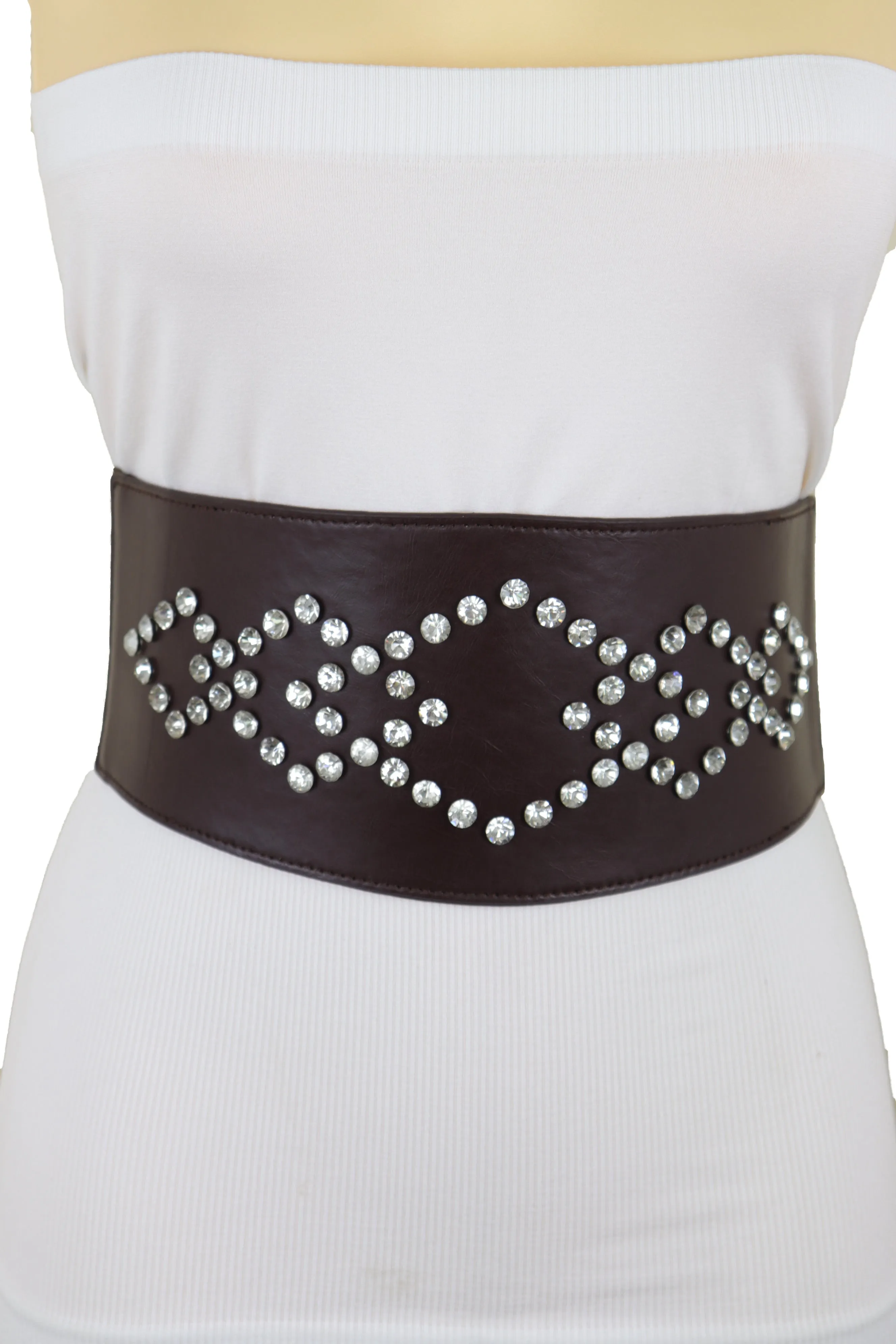 Wide Faux Leather Dark Brown Elastic Belt Squares Adjustable Size S M
