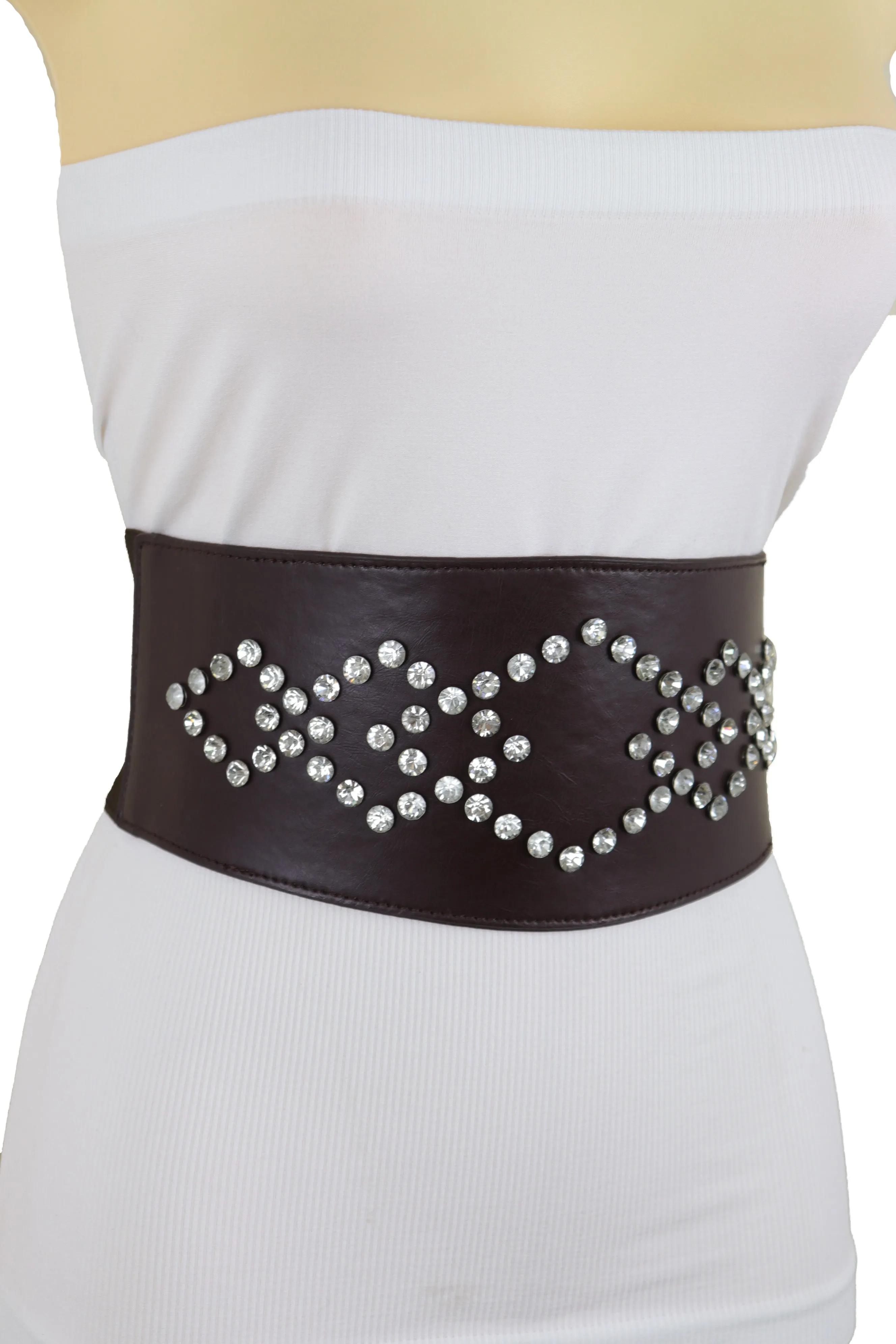 Wide Faux Leather Dark Brown Elastic Belt Squares Adjustable Size S M