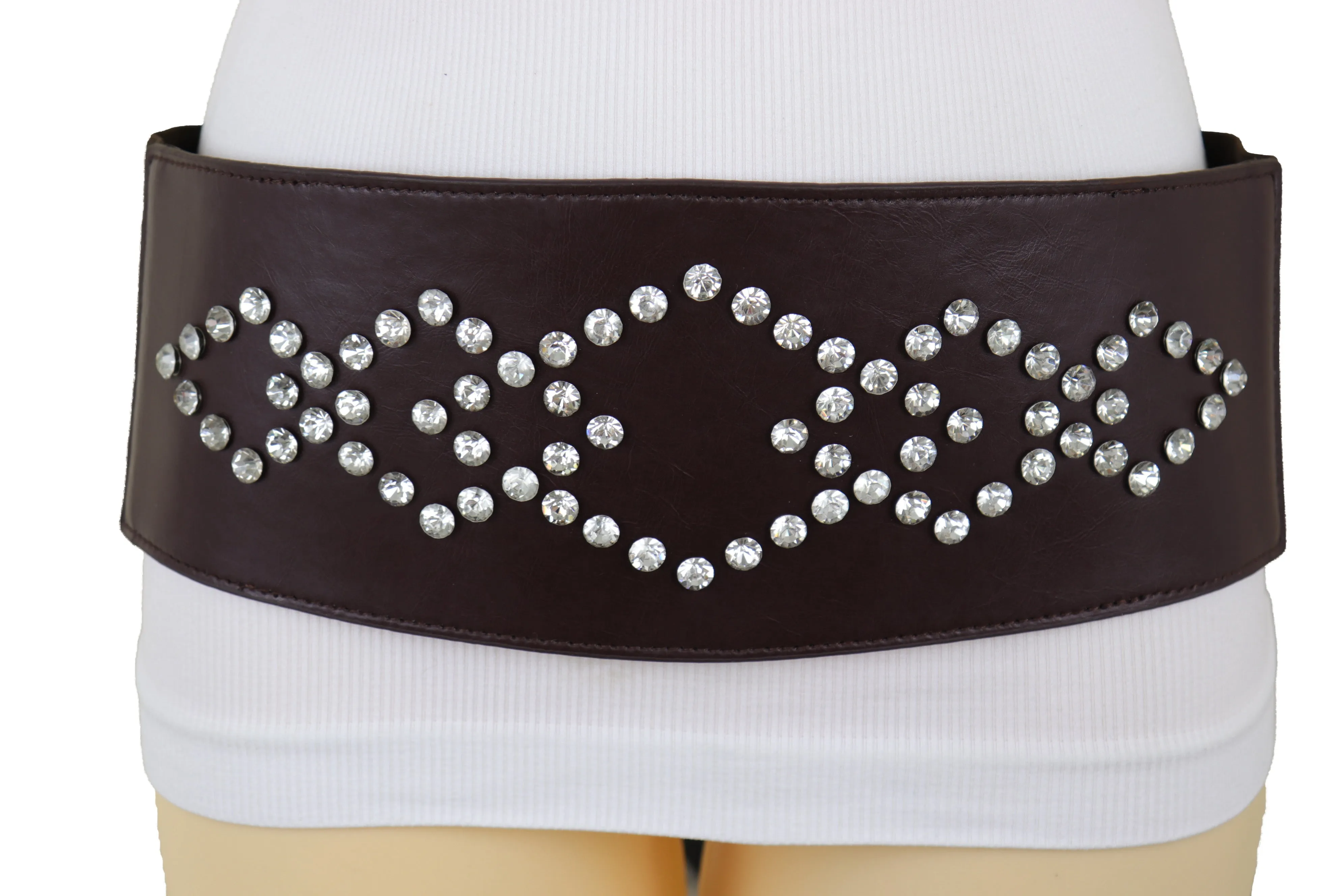 Wide Faux Leather Dark Brown Elastic Belt Squares Adjustable Size S M