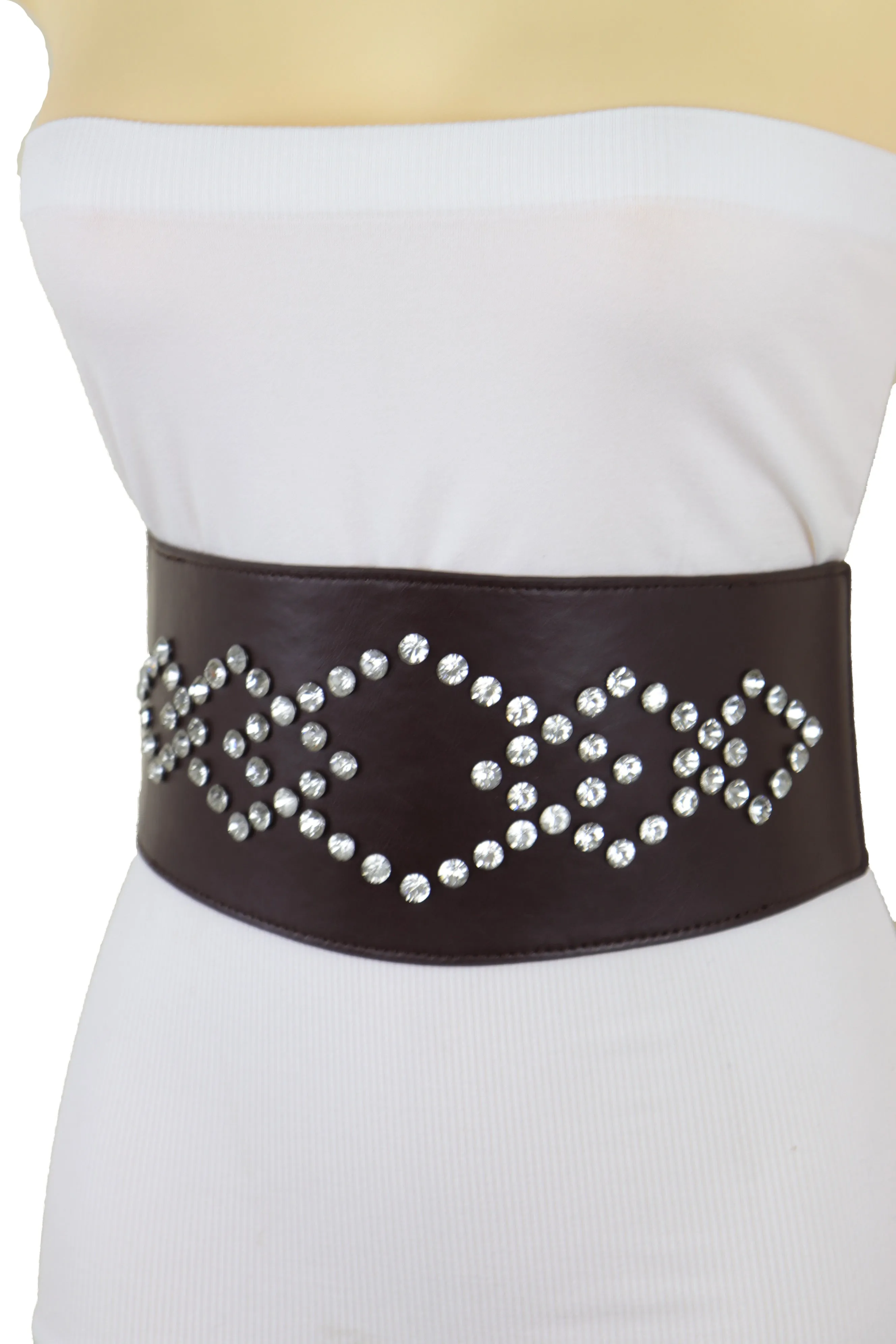 Wide Faux Leather Dark Brown Elastic Belt Squares Adjustable Size S M