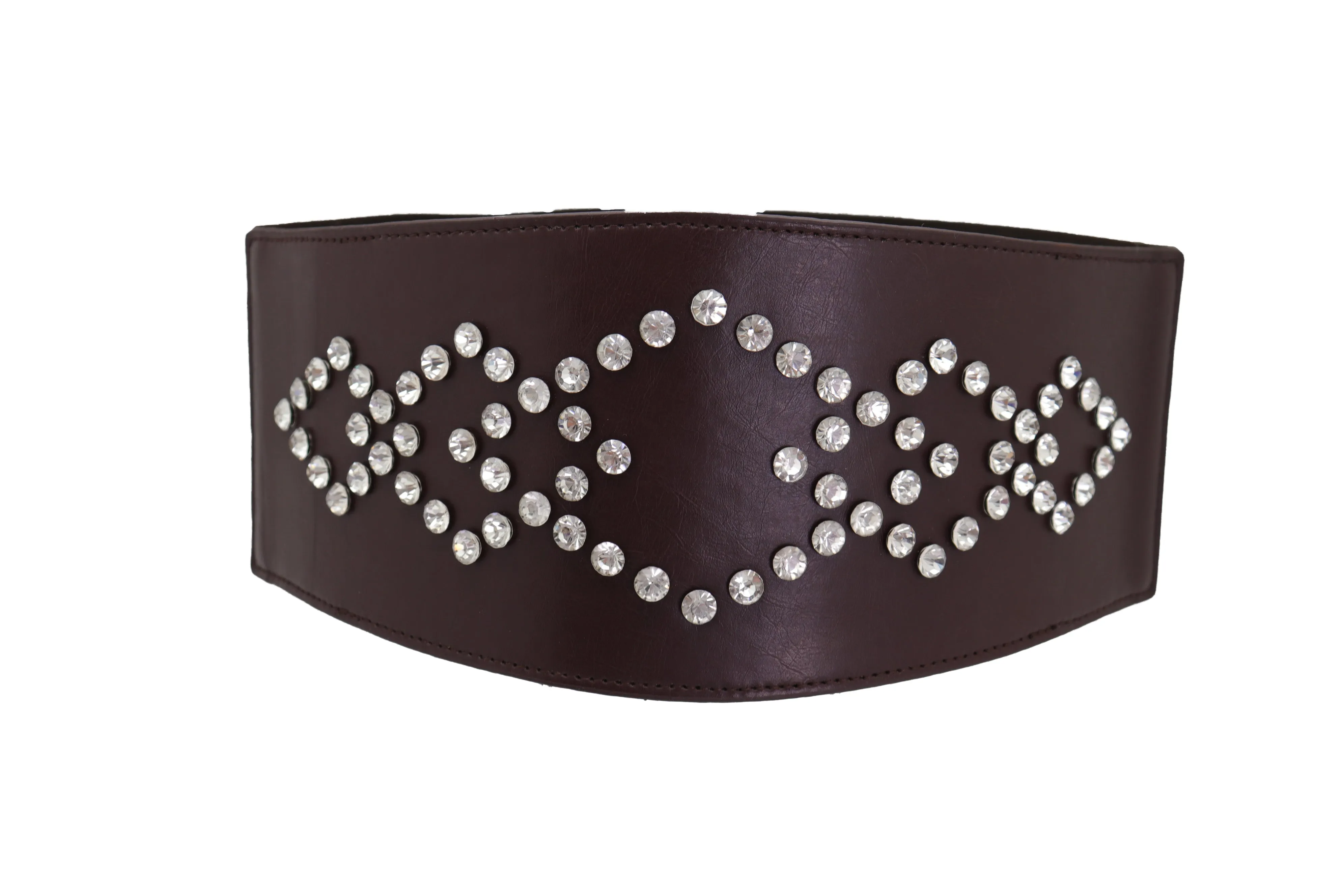 Wide Faux Leather Dark Brown Elastic Belt Squares Adjustable Size S M