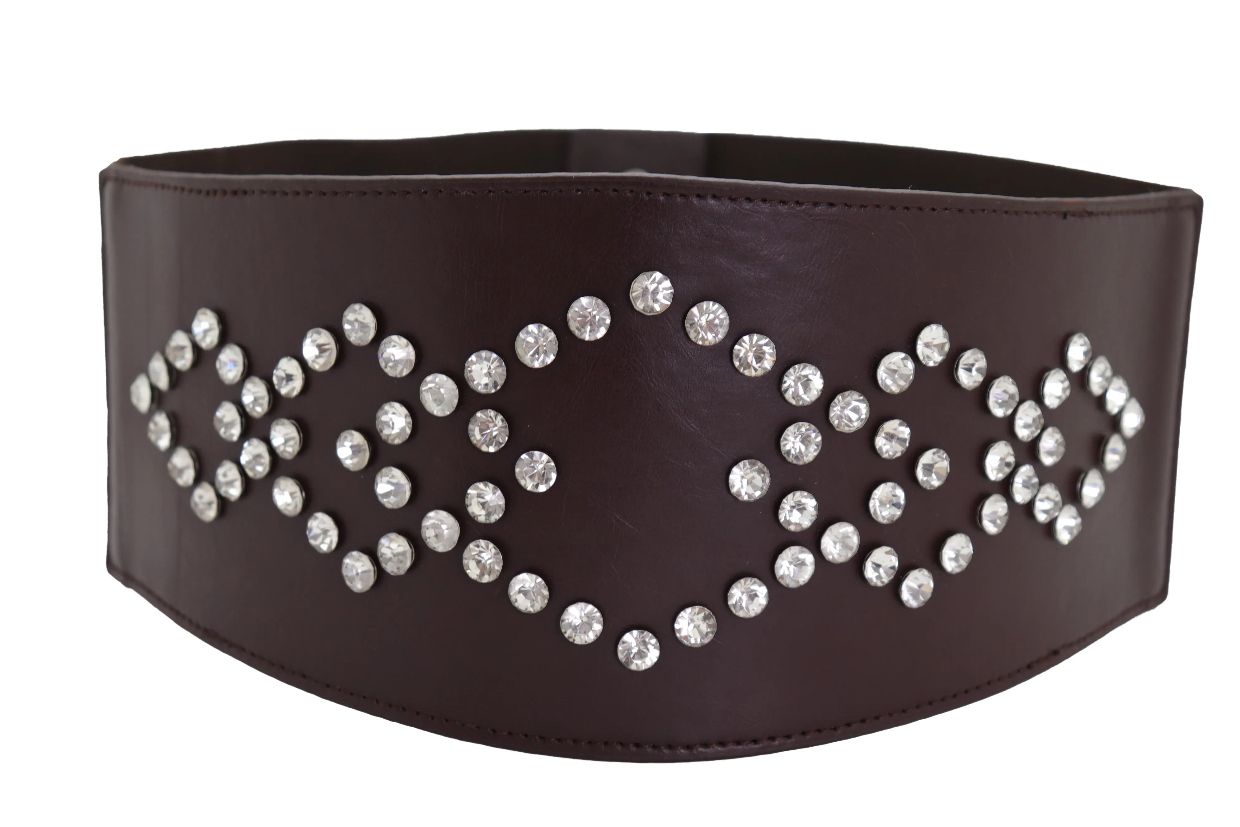 Wide Faux Leather Dark Brown Elastic Belt Squares Adjustable Size S M