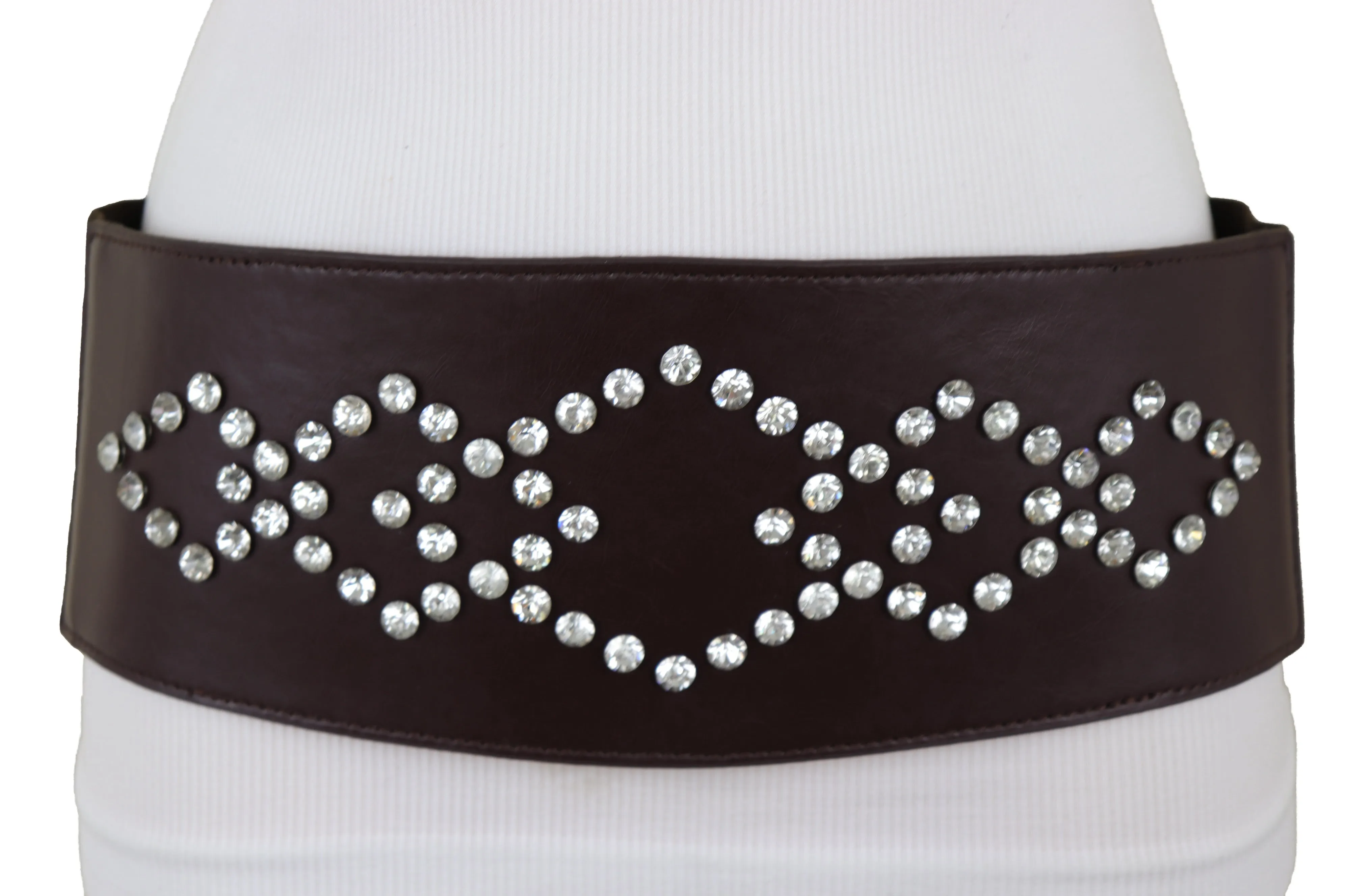 Wide Faux Leather Dark Brown Elastic Belt Squares Adjustable Size S M