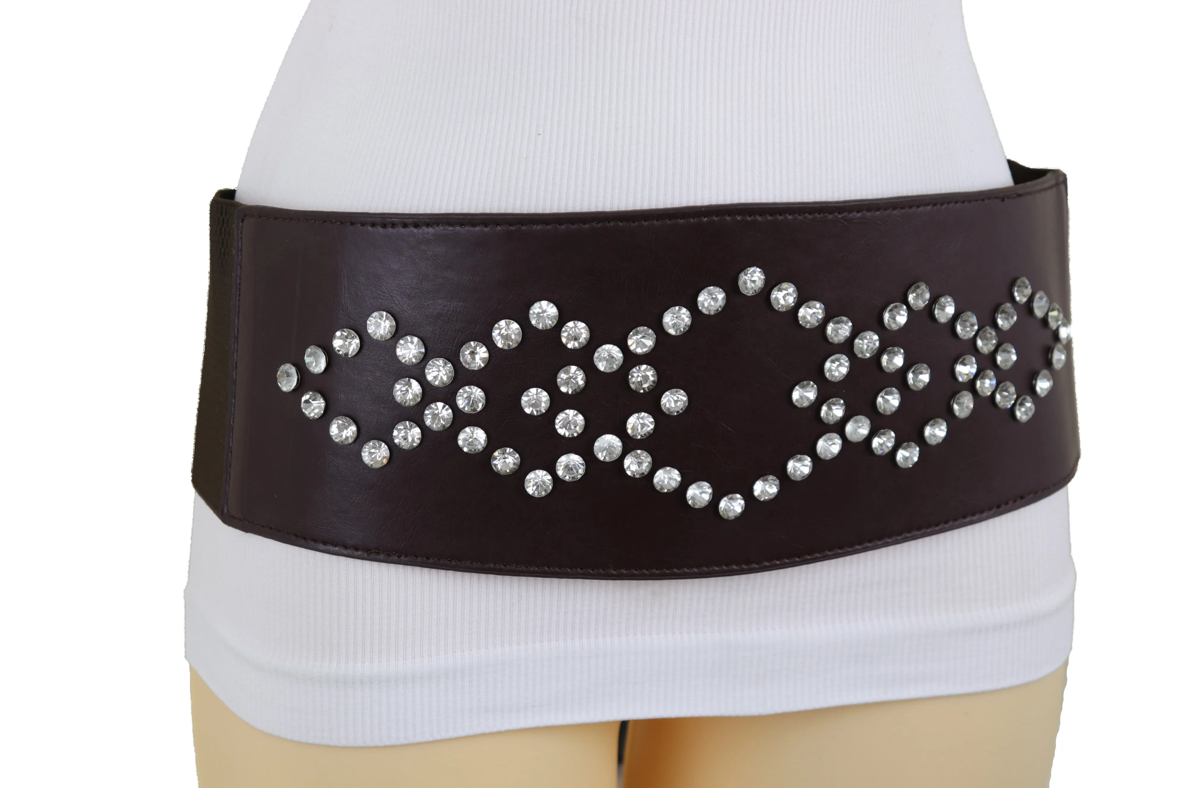 Wide Faux Leather Dark Brown Elastic Belt Squares Adjustable Size S M