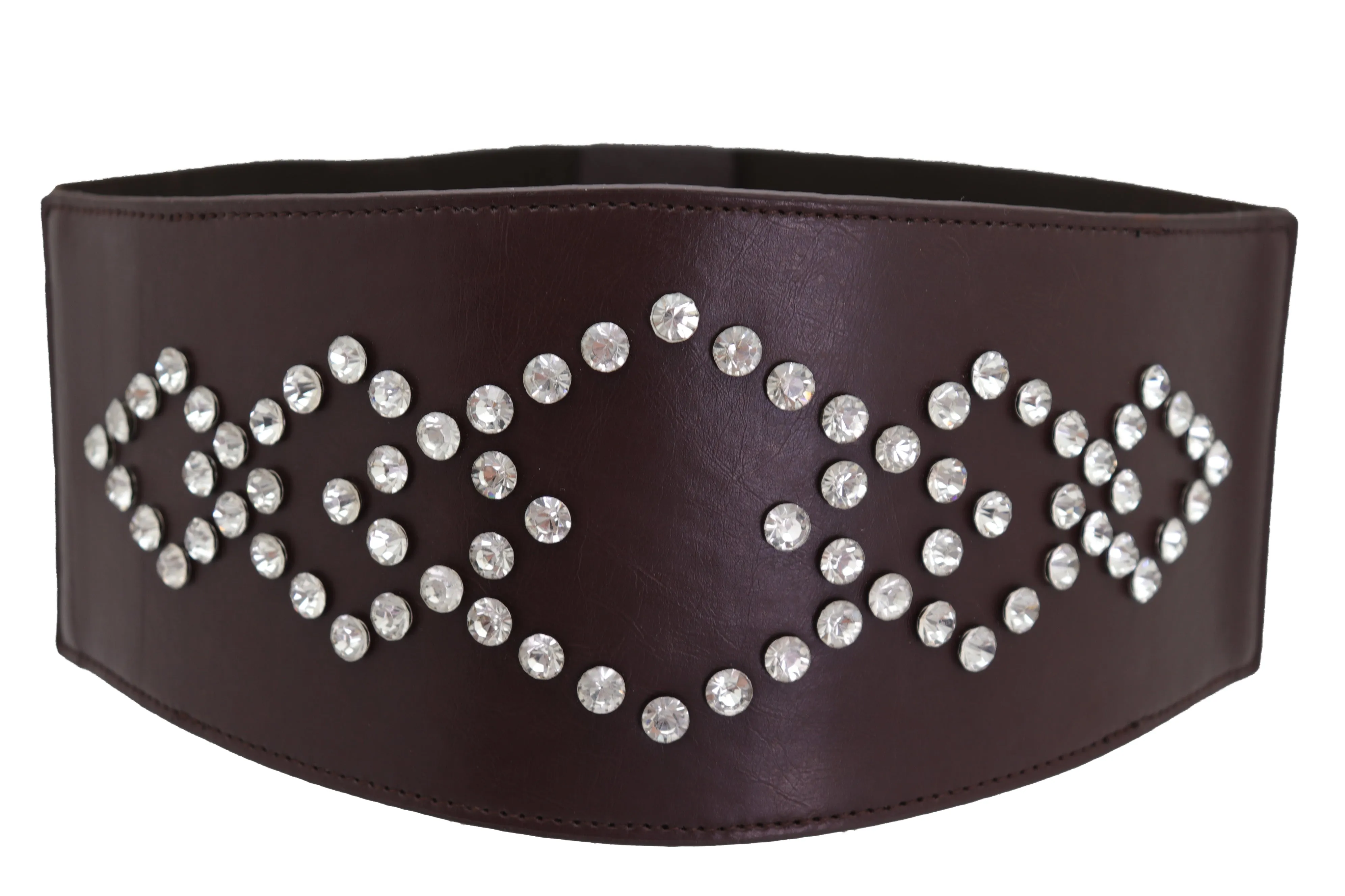 Wide Faux Leather Dark Brown Elastic Belt Squares Adjustable Size S M
