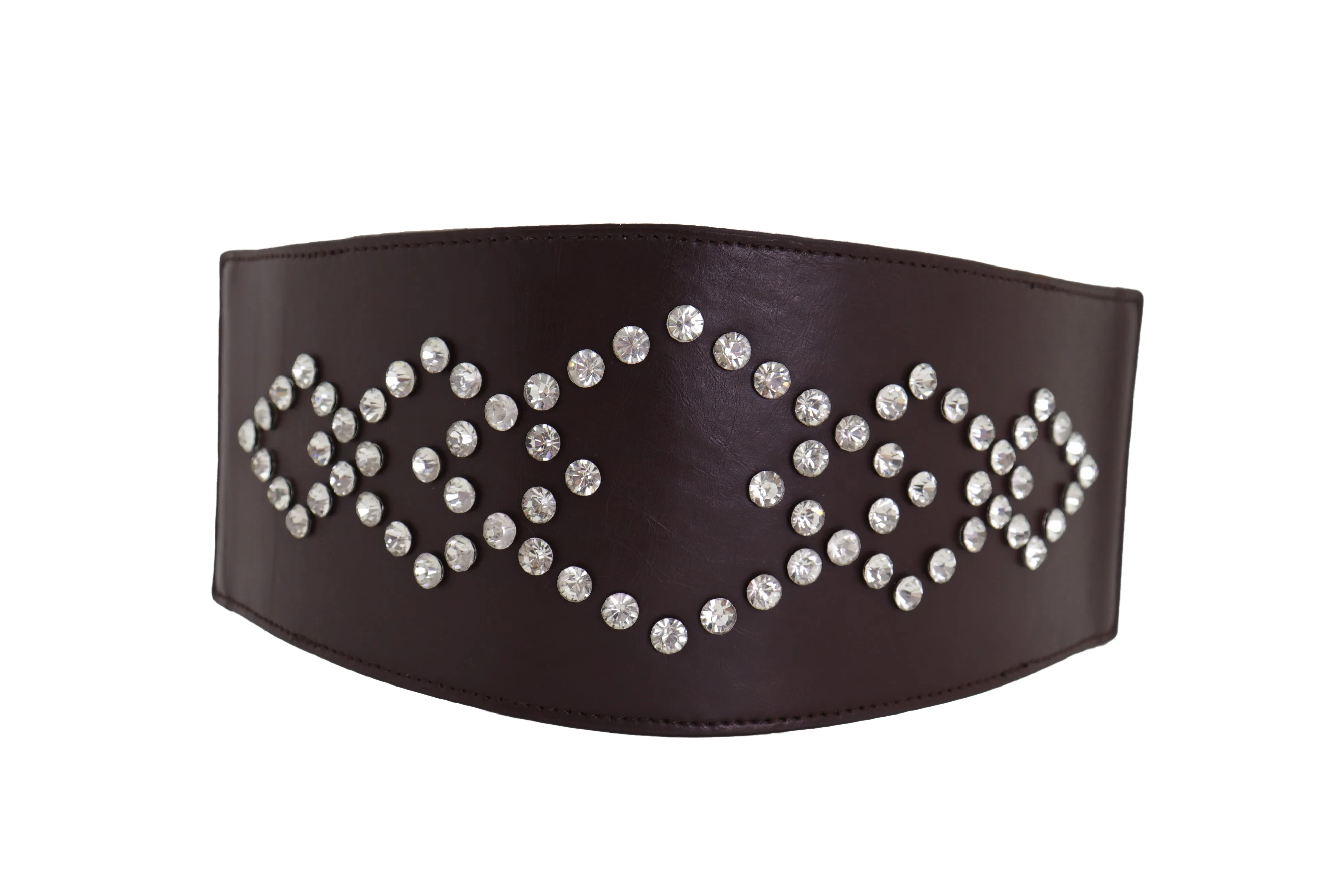 Wide Faux Leather Dark Brown Elastic Belt Squares Adjustable Size S M