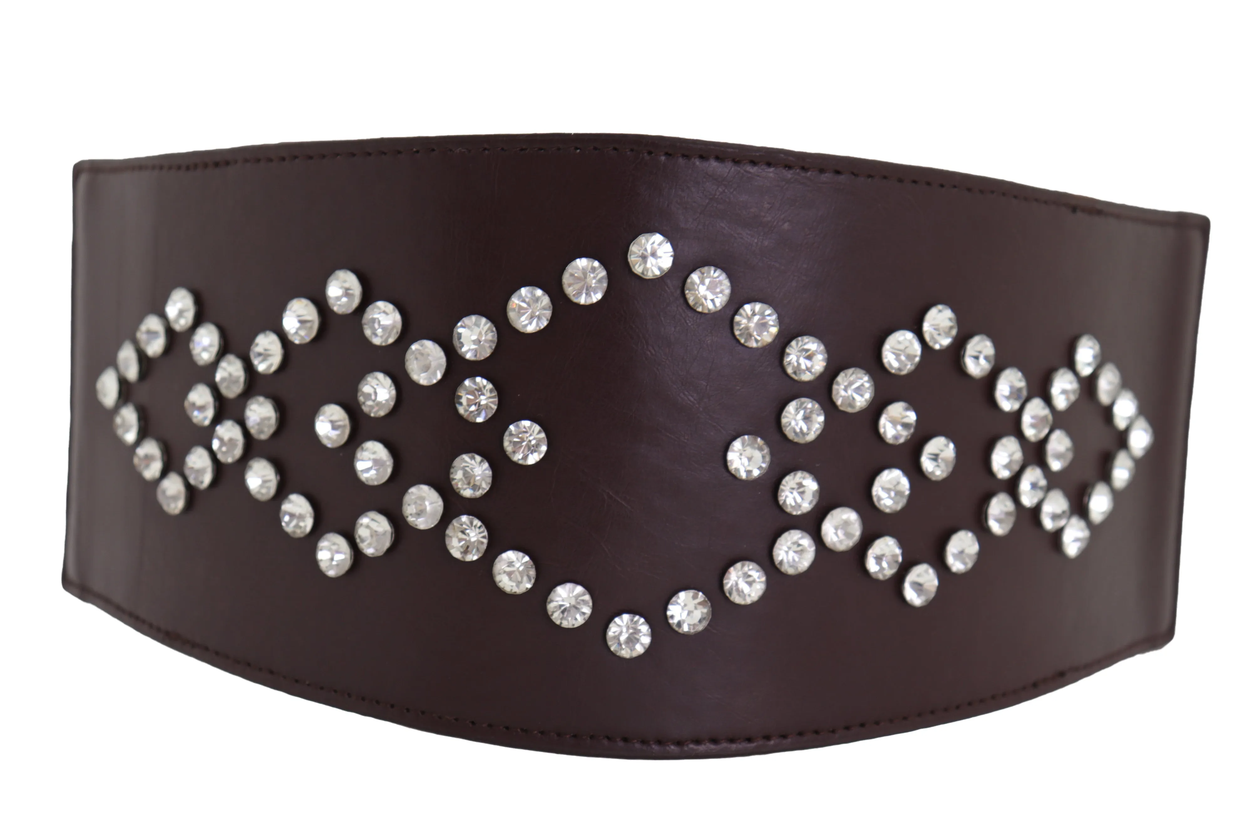 Wide Faux Leather Dark Brown Elastic Belt Squares Adjustable Size S M
