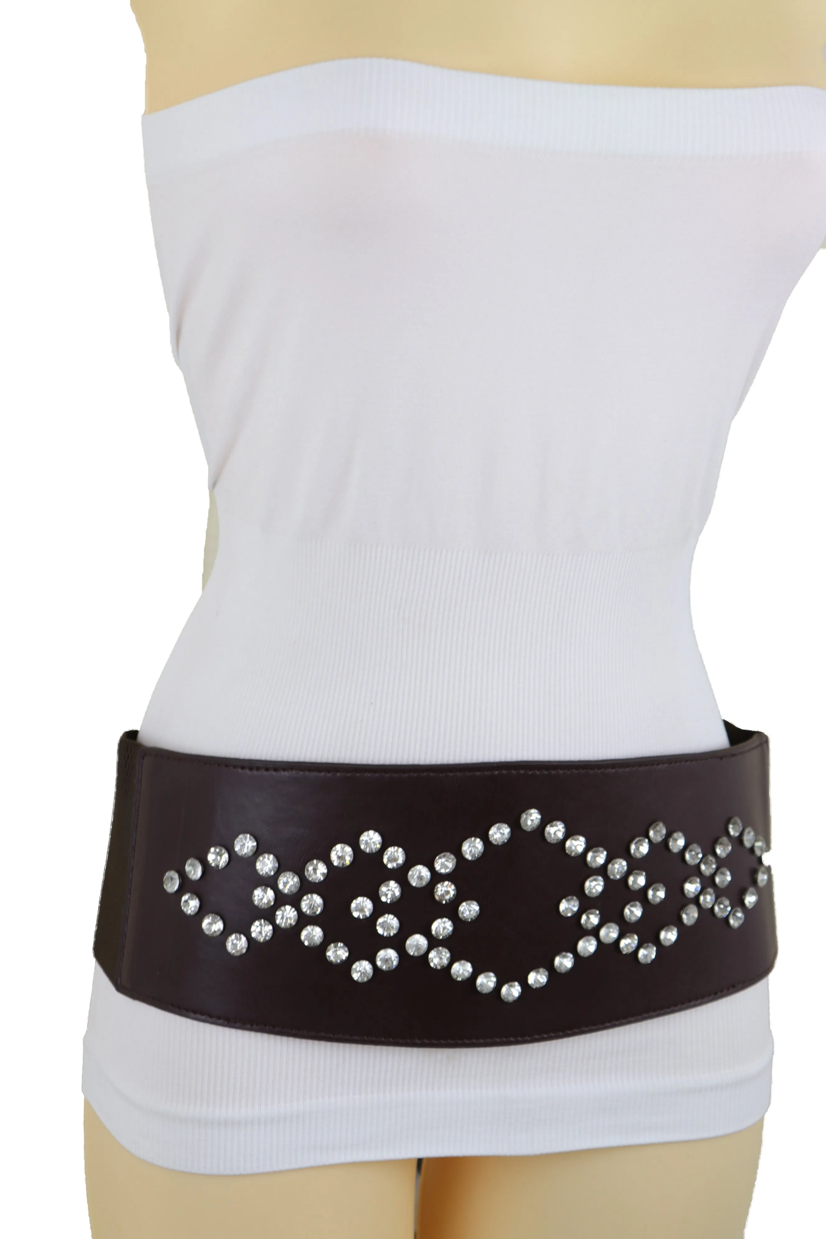 Wide Faux Leather Dark Brown Elastic Belt Squares Adjustable Size S M