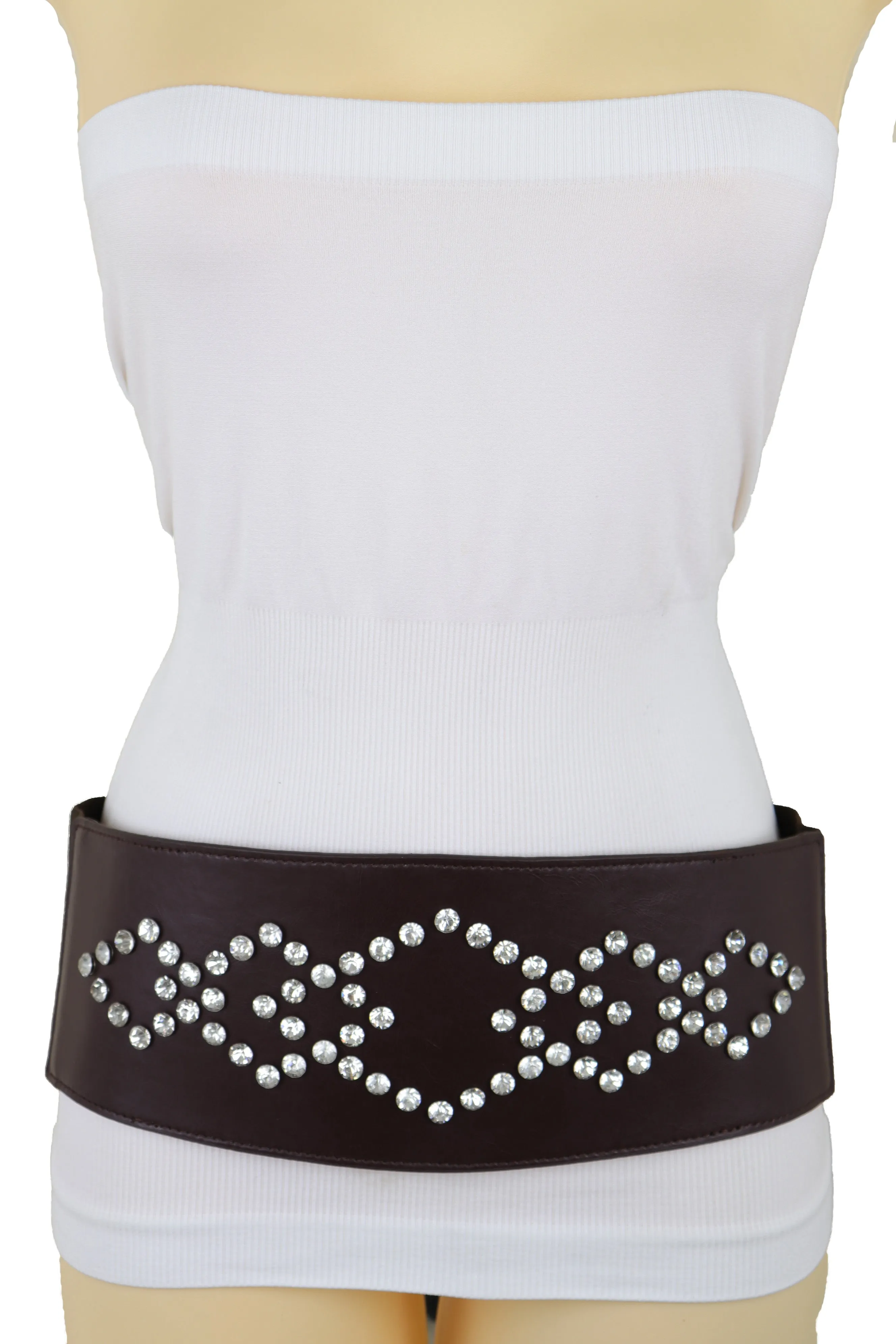 Wide Faux Leather Dark Brown Elastic Belt Squares Adjustable Size S M