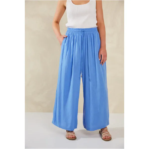 Wide-Leg Linen Blend Pants -  Blue