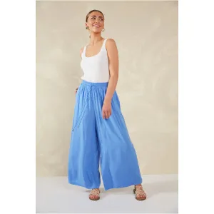 Wide-Leg Linen Blend Pants -  Blue
