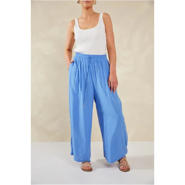 Wide-Leg Linen Blend Pants -  Blue
