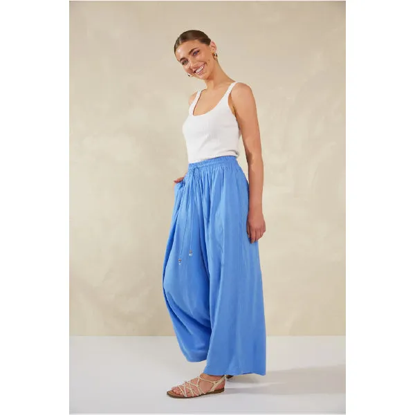 Wide-Leg Linen Blend Pants -  Blue