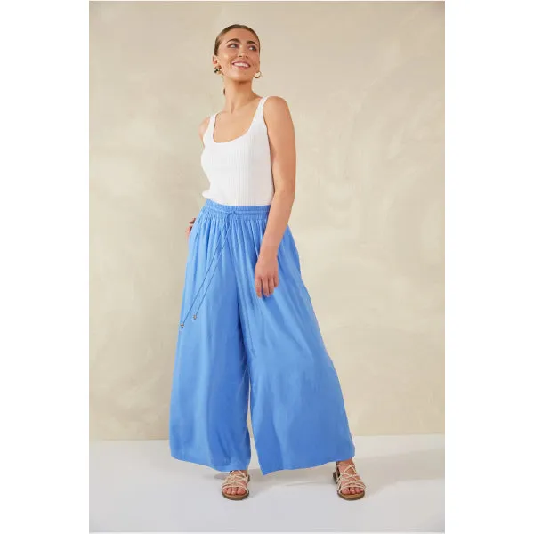 Wide-Leg Linen Blend Pants -  Blue