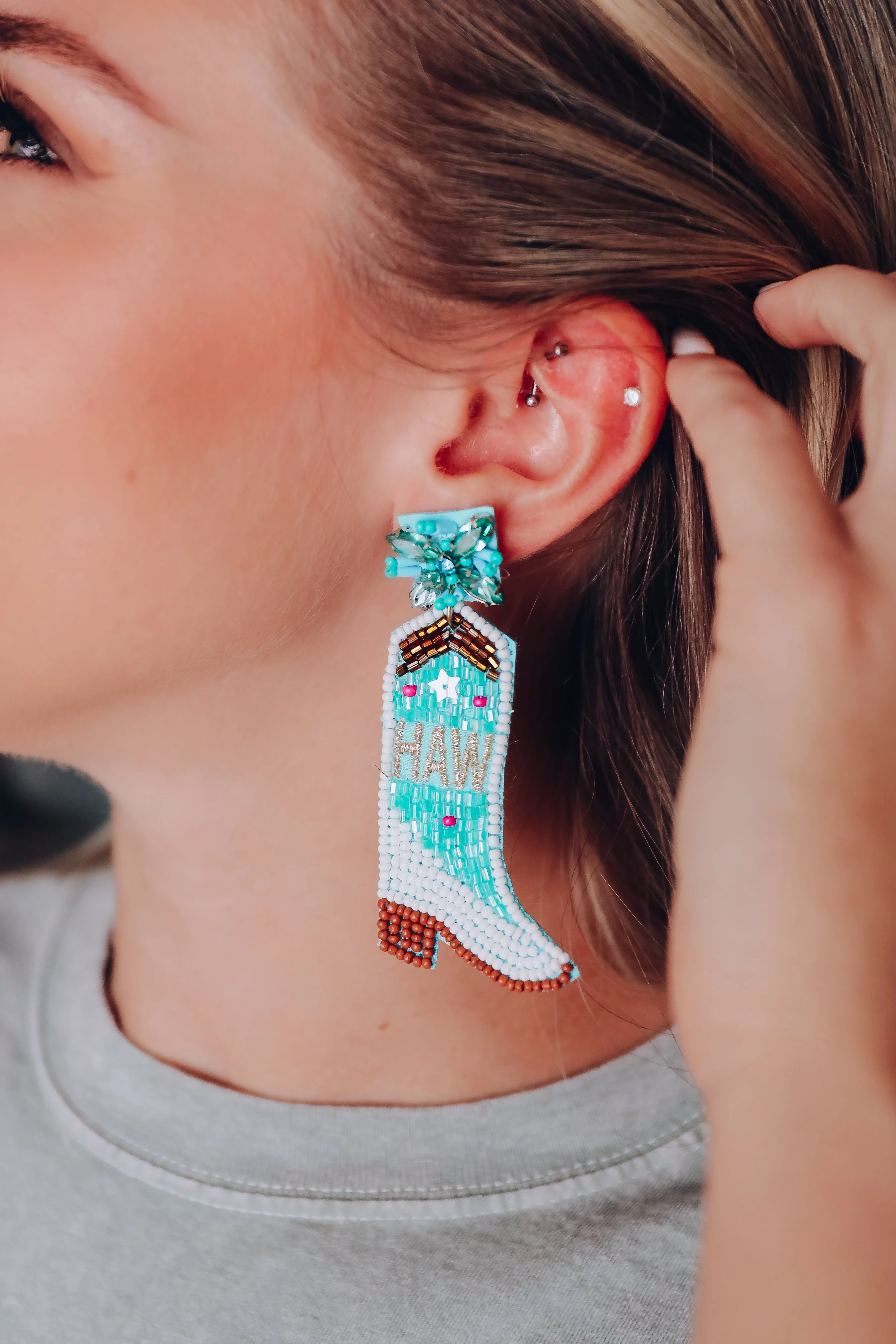 Yee Haw Boot Beaded Earrings - Turquoise